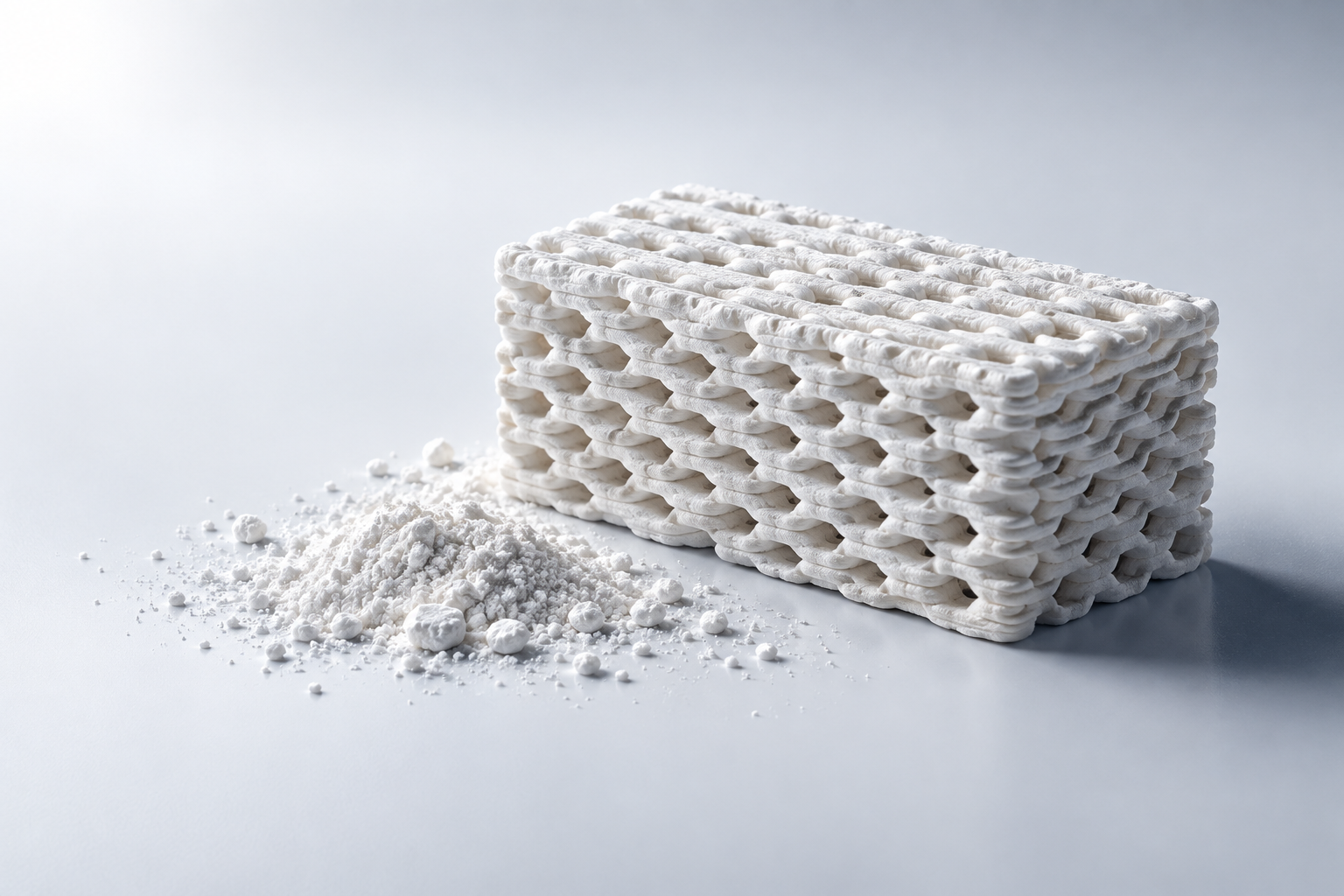 Conceptual illustration of a porous white ceramic scaffold and ceramic powder
